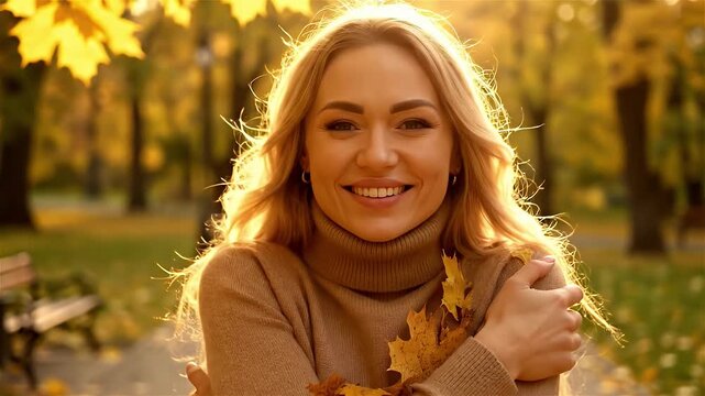 A joyful woman hugs herself under golden autumn sunlight with falling leaves. Natural atmosphere highlights happiness and seasonal comfort outdoors.