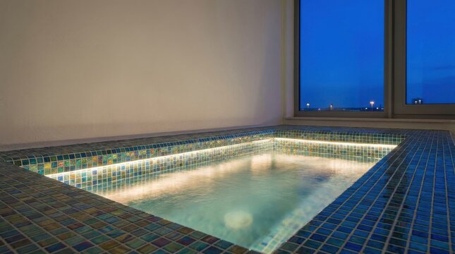Illuminated mosaic tiled jacuzzi with calm water and exterior city view at twilight