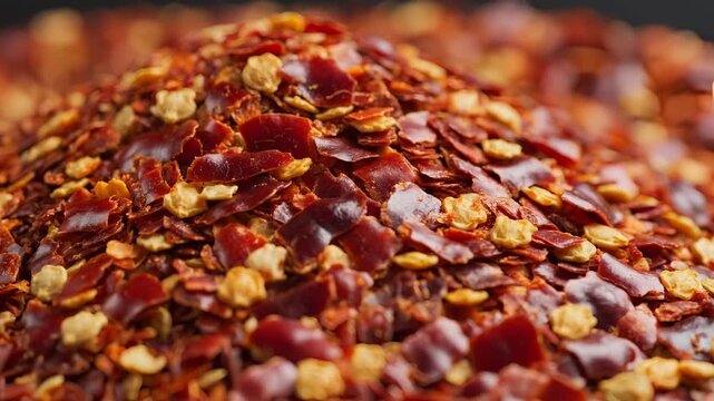 Closeup Macro Shot of Dried Red Chili Flakes Pile 1.