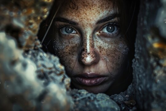 Freckled Woman Peering from Ancient Catacomb Tomb Depths, Ideal for Archaeology Articles, Fantasy Book Covers, Thriller Promotions