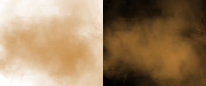 Golden brown smoke cloud on white and black backgrounds, ethereal dust explosion texture, atmospheric steam and mist overlay for creative design