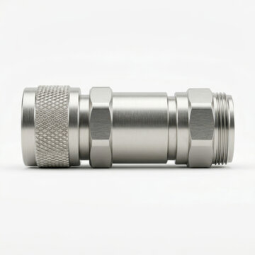 Stainless steel threaded coupling adapter connects two pipe sections on a neutral background.