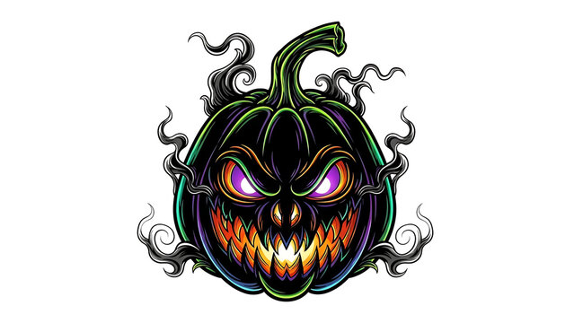 Neon spooky jack-o'-lantern pumpkin isolated on a transparent background