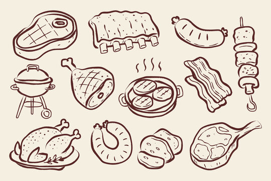 Meat Barbecue Set Naive Sketch Vector