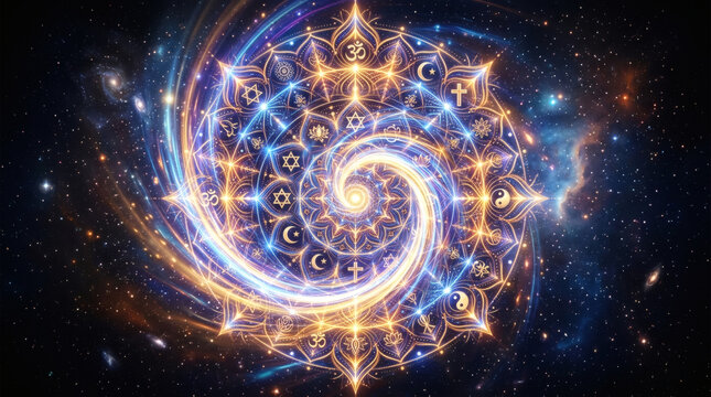 Abstract surreal artwork of glowing spiral mandala symbolizing faith, purity, and eternal salvation
