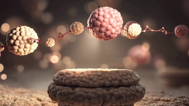 4K Abstract microscopic view of cellular structures and molecular chains floating above a textured surface video