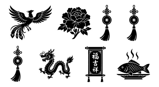 Chinese Zodiac Dragon, Phoenix, Peony Flower, Lucky Knots, Scroll, and Fish Icons Set, Traditional Asian Cultural Symbols Vector Graphics