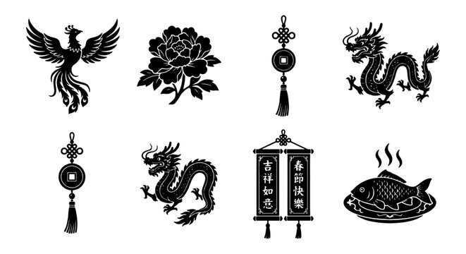 Traditional Chinese Symbols Vector Icons: Dragon, Phoenix, Peony Flower, Lucky Coin, and Festive Food Illustration Set