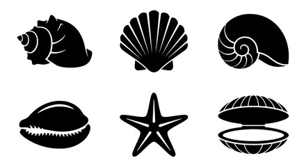 Set of 6 Black Vector Icons: Seashells, Starfish, and Ocean Mollusks. Marine Life Symbols for Beach and Nautical Designs. © Zubaraj