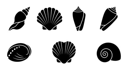 Collection of Black Vector Seashell Silhouettes, Marine Life Icons for Ocean Themes, Beach Decor, and Nautical Designs © Zubaraj