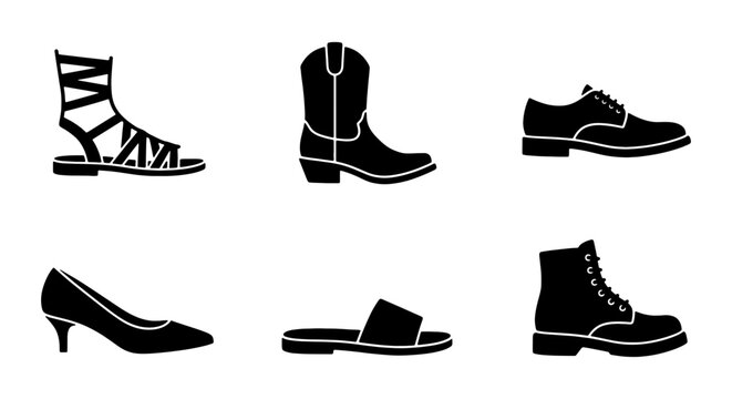 Diverse Footwear Collection, Six Black Shoe Icons: Sandals, Cowboy Boots, Dress Shoes, Heels, Slides, Work Boots, Vector Graphics for Fashion and Retail