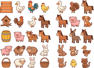 Obraz premium Cute Farm Animal Set Featuring Chickens, Pigs, Horses, Rabbits, and More in Kawaii Style for Children’s Designs