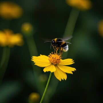 A fuzzy bumble bee approaches a vibrant yellow summer flower, carrying pollen and demonstrating the critical process of natural pollination, detailed, bloom, bee