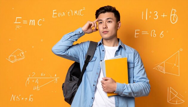 Student Holding Books in Front of Orange Background Filled with Physics Formulas Symbolizing Learning, Knowledge, and Academic Focus