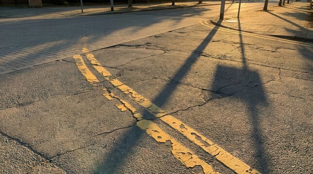 Faded Yellow Double Lines on Weathered Asphalt Road Surface at Golden Hour