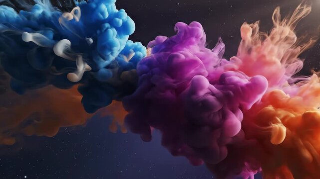 Vibrant colorful ink clouds swirling and blooming suspended within a dark, fluid environment creating a dynamic, abstract visual spectacle with delicate organic forms and harmonious color