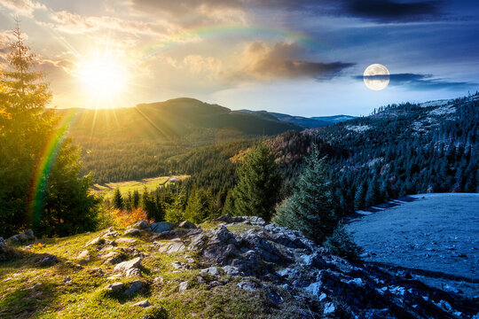 day meet night. spruce trees on meadow between hillsides with coniferous forest under the cloudy sky. sun and moon over mountain scenery of romania nature park. view of a valley with forest in autumn