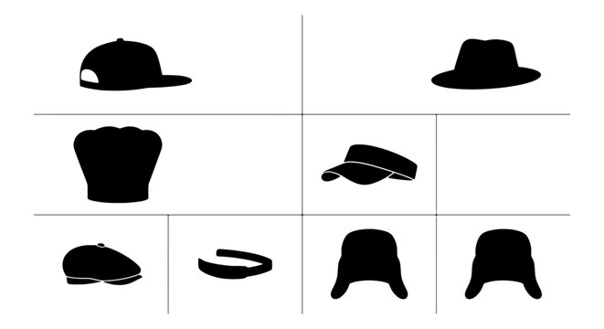 Diverse Headwear Collection, 8 Silhouette Icons: Baseball Cap, Fedora, Chef Hat, Visor, Beret, Headband, Ushanka, Trapper Hat - Vector Set for Fashion and Design