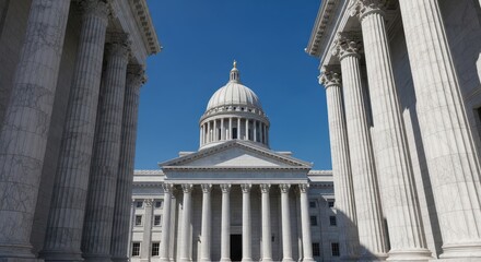 Obraz premium Imposing architectural facade of a massive governmental building featuring towering marble columns and a majestic central dome against blue sky, blue, law, heritage