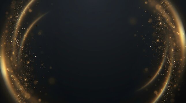 Exclusive abstract corporate background, symmetrical plumes of glowing gold dust and light trails framing a pure dark void for premium corporate awarding or financial presentation