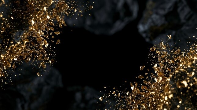 Exclusive abstract corporate background, symmetrical plumes of glowing gold dust and light trails framing a pure dark void for premium corporate awarding or financial presentation