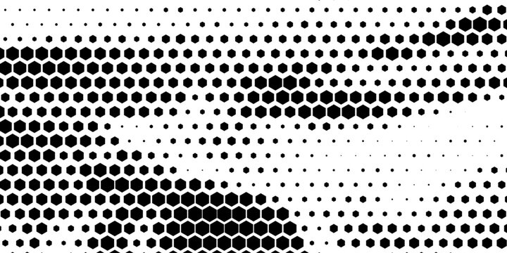 Hexagon halftone gradient texture. Abstract black grunge background.