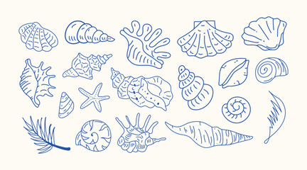 Minimalist line art Set of hand drawn seashells drawing ink. Summer vacation design elements for trendy prints, label, menu cover. Tropical beach shells. Vector flat illustration. © sotejarts