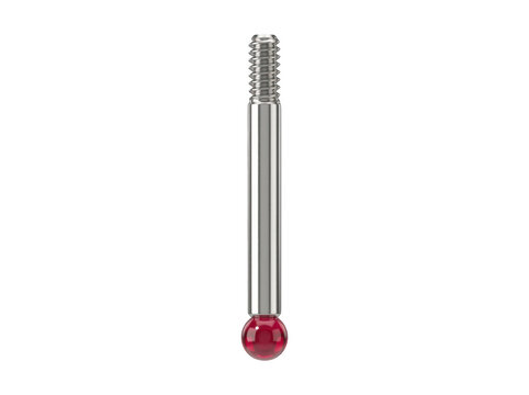 Close-up of a threaded metal rod with red-tipped end against a plain white backdrop.