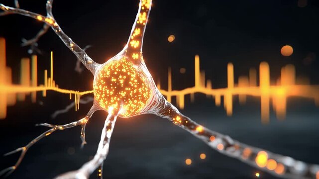 4K 3d render of a glowing neuron cell with electrical impulses and neural network activity on a dark background video