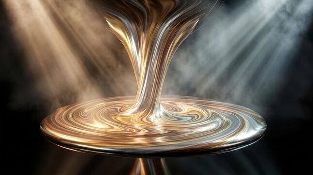 Viscous metallic liquid flowing in a mesmerizing swirl with golden and silver tones