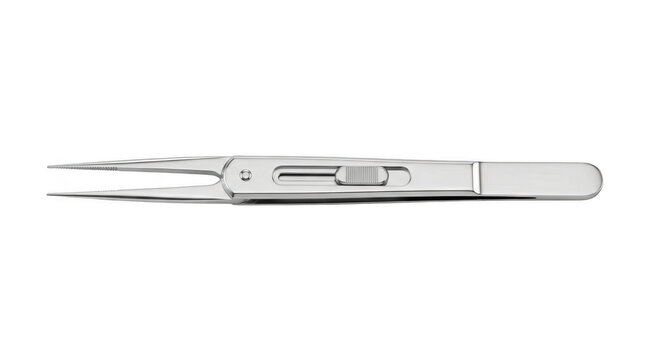 Surgical forceps with stainless steel tips and ergonomic handle design.