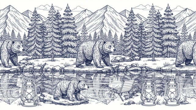 Family of brown bears by water.