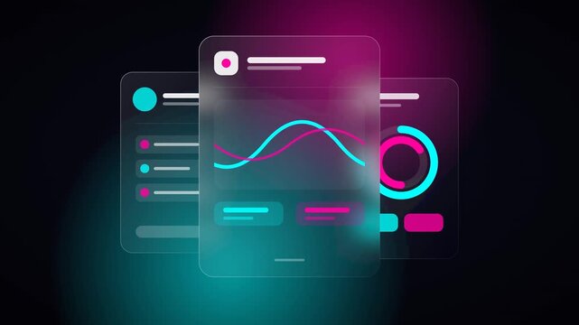 A sleek glassmorphism mobile app showcase animation, displaying a modern smartphone interface floating in a frosted UI environment.