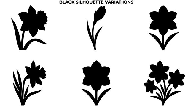 Black Silhouette Daffodil Variations, Spring Flower Icons, Floral Vector Graphics, Elegant Botanical Illustrations for Design