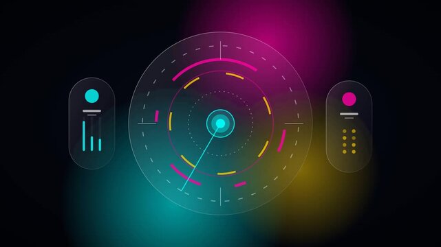 A high-tech glassmorphism circular radar HUD, blending modern translucent UI design with sci-fi scanning and tracking.