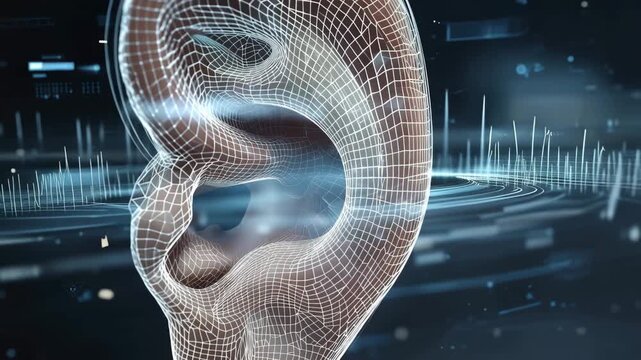 4K 3d render of a human ear with digital wireframe mesh and sound wave visualization on a dark technological background video