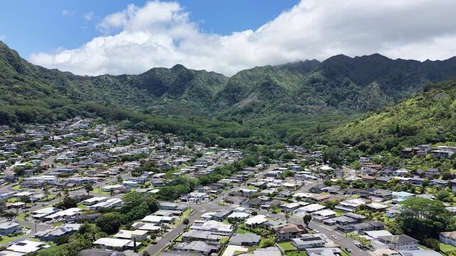 Aerial view of residential homes in the back of the Manoa Valley area of Honolulu on Oahu, Hawaii. 