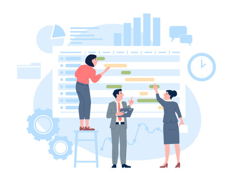 Project timeline people concept. Working schedule, milestones of tasks or work map. Office characters and time management, teamwork recent vector scene
