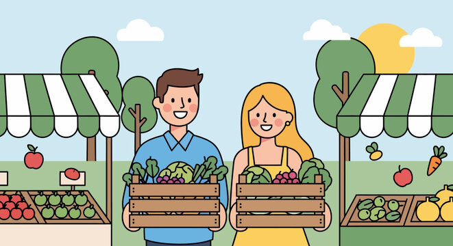 Young couple holding wooden crates of fresh vegetables at market.