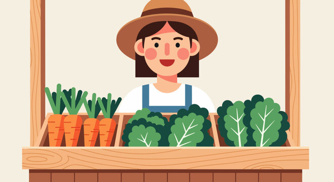 Young Female Market Vendor Holding Fresh Produce.