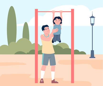 Child crossbar training. Boy learns to do pull-ups on bar at outdoor playground with father help. Sport lifestyle, seasonal physical activity, recent vector scene