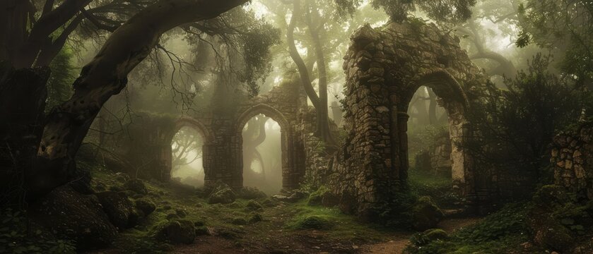 Panoramic Ancient Gothic Stone Arches Ruins Overgrown by Towering Oaks in Enchanted Woodland