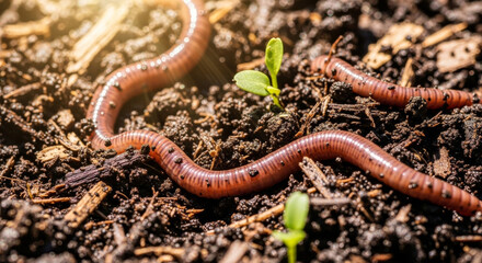 Fototapeta premium Earthworms macro inside dark rich compost soil demonstrating a healthy ecosystem and soil fertility. Use for biology education, organic farming research, and soil health conservation topics.