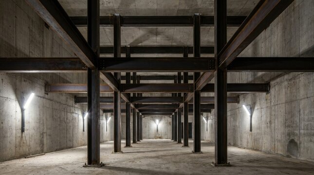 Industrial steel beams and columns forming a strong structural framework in a large concrete interior space