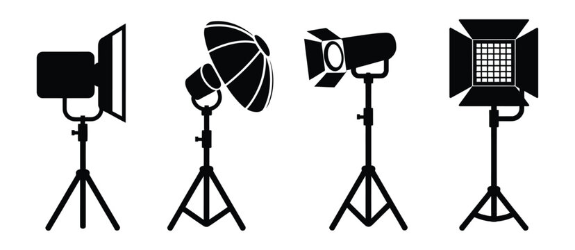 Photography lighting soft box studio equipment silhouette vector set for camera and studio setup, illustrating professional lighting gear, studio environment tools, film production accessories, 