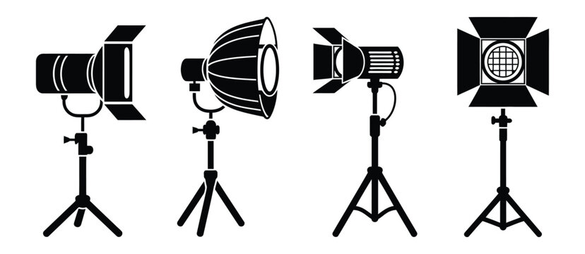 Photography lighting soft box studio equipment silhouette vector set for camera and studio setup, representing studio illumination systems, cinematic lighting equipment, camera accessories, and 