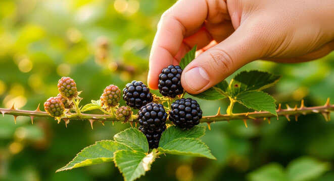 Hand-picking ripe blackberries from thorny summer bush during harvest time in the countryside. Image for organic berry farming, seasonal fruit picking, and healthy lifestyle topics.