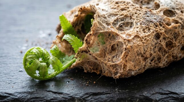Vibrant green fiddlehead ferns emerging from a textured rustic crust on slate
