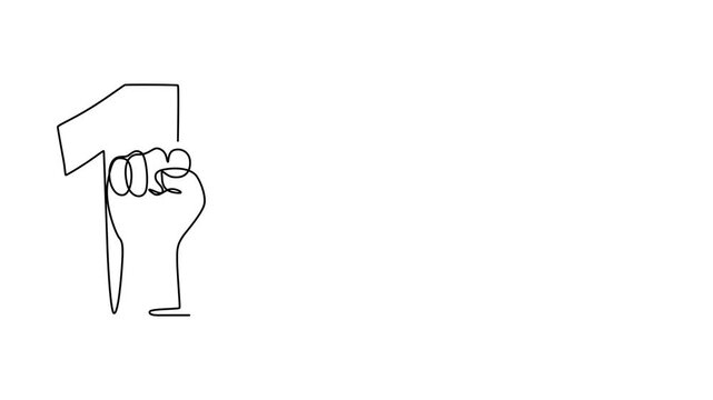 Animation of continuous one line drawing clenched fists in a large number 1. Solidarity, determination, May Day. Full length motion, strong will to demand rights. May Day. minimalist pro style concept