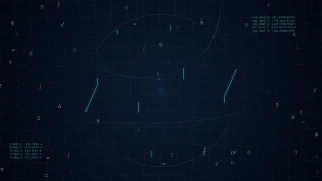 Abstract digital background with glowing mathematical symbols and grid